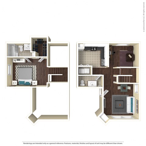 a stylized rendering of a floor plan with a bedroom and living room